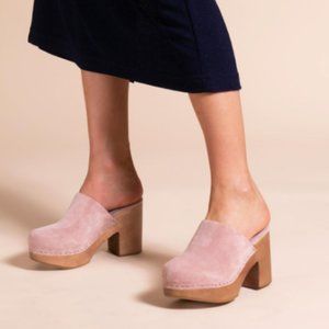 Charlotte Stone Marlo Wooden Clogs in "Poodle" Pink Suede, Size 10 / 41